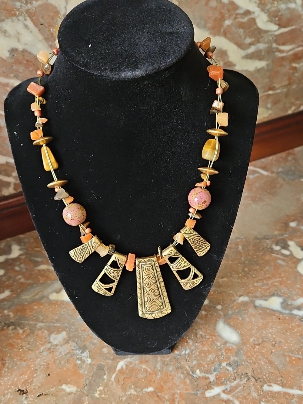 Chico’s Tribal Statement Necklace Gold Tone Mixed Stone Boho